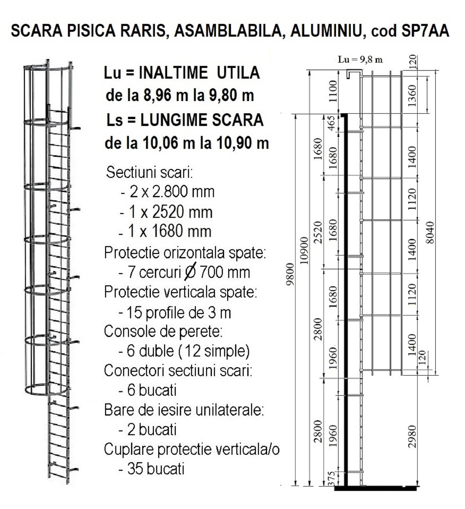 Scara pisica RARIS, asamblabila, din aluminiu, inaltime acoperis de la 8,96 m la 9,80 m, cod SP7AA